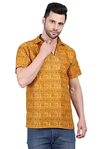 Cotton Blend Jai Shree Ram Printed Men Short Kurta (L-AX-SK-A5-B-MUSTARD)