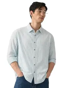 The Souled Store Seersucker: Men and Boys Long Sleeve Spread Collar Striped Lightweight Easy to Style Everyday Office Wear Cotton Relaxed Shirt