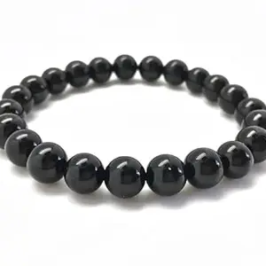 RRJEWELZ 8mm Natural Gemstone Black Tourmaline Round shape Smooth cut beads 7.5 inch stretchable bracelet for men & women. | STBR_RR_03754