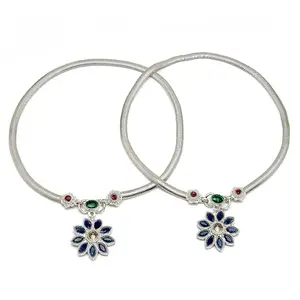 ZENEME Minimal Silver Toned Cubic Zirconia Studded Nature Inspired Charm Anklet For Girls and Women | Stylish Payal for Women & Girls (Blue floral anklet)