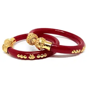 Tanvi J Maroon Colored Pola Gold-plated Flower Shape Bangle Set (Pack of 2) (2.4) For Women