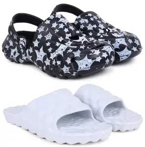 Pampy Angel Combo Pack of 2 Slipper/Flip Flops/Slides/Clogs/Sandals with Adjustable Back Strap for Men,(Cl-A-Star-Black,Diamond-White),7 (UK/India)