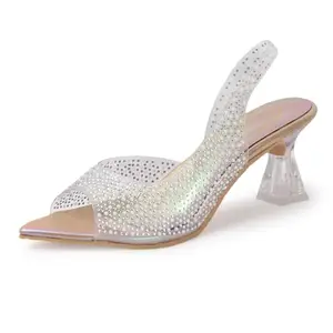 Denill Women’s Transparent Stone-Embellished Spool Heel Sandals with Pointed Toe and Buckle Strap Comfortable & Stylish With Non Slip Sole (Gold) Uk-3