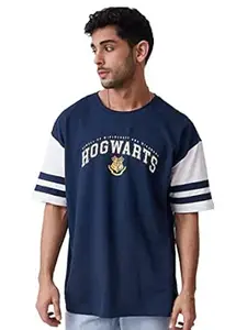 The Souled Store|Official Harry Potter: Nice Navy Mens and Boys T-Shirts|Half Sleeve|Loose fit Graphic Printed| 80% Cotton 20% Polyester Navy Blue and White Color Men Oversized T-Shirts