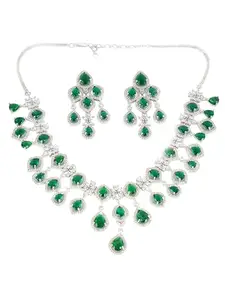 Adwitiya Collection Classy Green Emerald White CZ Rhodium Plated Necklace Set for Women and Girls