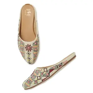 OPIVE FASHION HUB OPIVE's Women's Mojari Jutti Ethnic Punjabi Juttis Traditional Flat Embroidered Canvas Fancy Bellies Comfortable Sole for Womens & Girls(OFWHT-40)