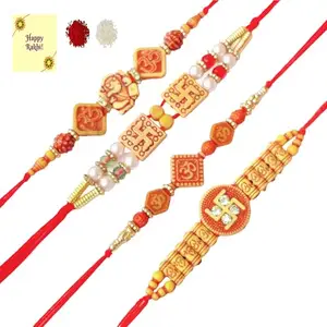 DMS RETAIL Complete Religious Combo Rakhi Gift Set Of 4 Designer Rakhis with Tilak & Greeting Card for Raksha Bandhan Swastik Rakhi Ganesh Rakhi Om Rakhi Rudraksh