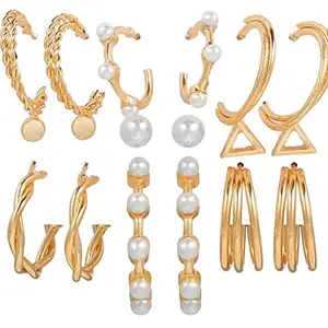 Amazon Brand - Anarva Korean Fashion Style Gold Plated Combo Of Pearl Rhinestone Studs Hoop Earrings Jewellery Set For Women Girls (9 Pair)