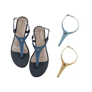 Cameleo -changes with You! Cameleo -changes with You! Women's Plural T-Strap Slingback Flat Sandals | 3-in-1 Interchangeable Strap Set | Brown-Yellow-Red