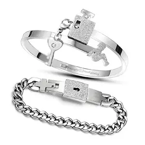 Jewelgenics Key & Lock Silver & Stainless Steel Cubic Zirconia Couple's Bracelet for Unisex Adult (Silver)