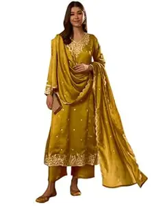 Naixa Women's Vichitra Silk Embroidered A-Line Kurta with Pant and Dupatta Sets (NX-845)