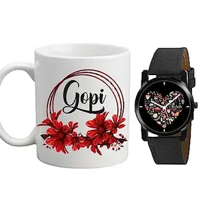 Relish Gift for Girls Black Strap Analogue Watch & Gopi (Name Printed) White Ceramic Coffee Mug | Gift Pack for Women's & Girls