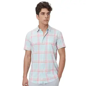 MUFTI Men's Turquoise Slim Fit Casual Shirt with Spread Collar & Half Sleeve (Also Available in Plus Size)