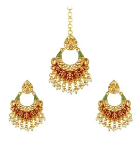 Shashwani Women's Rose Gold Plated Alloy Kundan Earrings & Mangtikka-PID47381