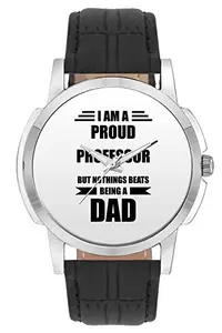 BIGOWL Wrist Watch for Men - I am A Proud Professor But Nothing Beats Being a Dad | Gift for Professor - Analog Men's and Boy's Unique Quartz Leather Band Round Designer dial Watch