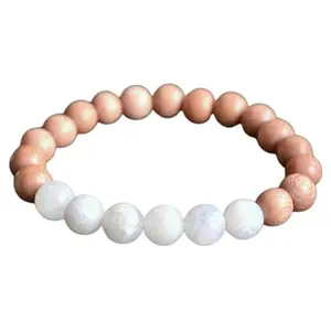 RRJEWELZ Natural Rainbow Moonstone & Agarwood 8mm Round Shape Smooth Cut Beads 7 Inch Stretchable Bracelet for Men & Women.|STBR_RR_08062_7.0