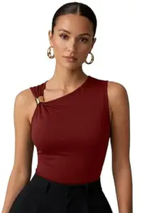 TIVANTE Solid Asymmetric Neck Crop Top with Buckle Detail for Women Stylish Western | Sleeveless top for Women | Korean top