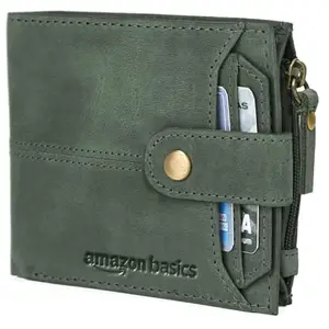 Amazon Basics Leather Wallet | 7 Card Slots | 1 Zipper Compartment | for Men (Olive Green)