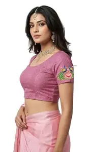 PAARTH ENTERPRISE Women Cotton Blend Peacock Print Readymade Saree Blouse Round Neck Short Sleeve Party