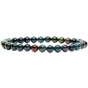 RRJEWELZ Natural Green Bloodstone Heliotrope Round Shape Smooth Cut 6mm Beads 7.5 inch Stretchable Bracelet for Healing, Meditation, Prosperity, Good Luck | STBR_03750