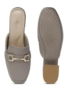 SHERRIF Women's Stylish Back Open Mules | Slip-On Casual & Office Wear Shoes | Soft Cushioned Sole with Metal Chain Detail | Comfortable Low Heel Slides for Girls & Women(194) Khaki