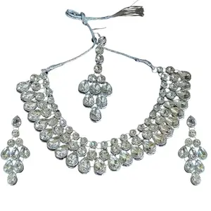Crystal Bridal Choker Necklace Set with Earrings and Maang Tikka, White AD Stone Wedding Jewellery Set