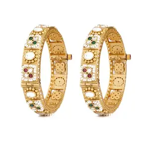 VIVINIA by Vidhi Mehra Gold Plated Kundan with Pearls Red & Green Onyx Stone Bangles, Set of 2 (2.6)