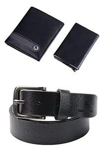 HIDE & SKIN Genuine Leather Designer Wallet with Detachable Card Case for Men and Belt Combo Gift Box (Grain Black)