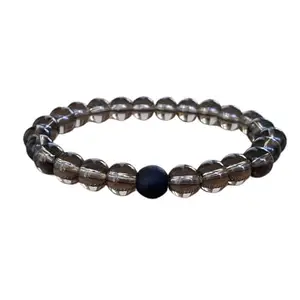 RRJEWELZ Natural Smoky Quartz With Matte Onyx 8mm Round Shape Smooth Cut Beads 8 Inch Stretchable Bracelet for Men & Women.|STBR_RR_08276_8.0