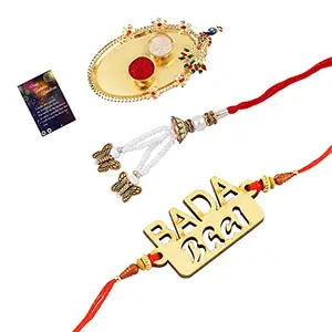 Exclusive Bhaiya Rakhi " BADA BHAI" With Designer Bhabhi Rakhi Combo With Roli Chawal And Greeting Card 1 Kankawati Pooja Thali -284
