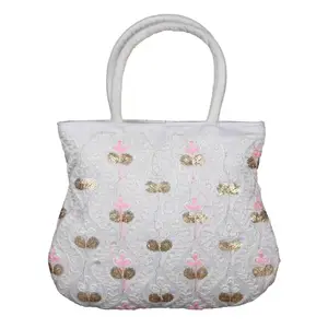Kuber Industries Hand Bag | Traditional Tote Hand Bag for Women | Silk Wallet Hand Bag | Ladies Purse Handbag | Curved Shape Embroidery Hand Bag | Cream