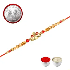 De Marquis Religious Rakhi Set for Brother (1 Rakhi, 1 Laxmi-Ganesh Coin, 1 Chawal Roli Pack, 1 Greeting Card)