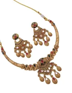 Traditional Antique Matt Finish Necklace and Earrings Set, Golden Brass, Pearl and Multi-Colour Stone Design