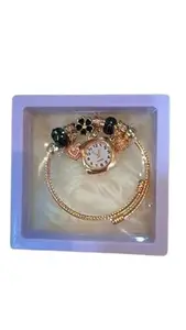 Elegant Rose Gold Bracelet with Clock Charm and Crystal Accents, Gift Box Included