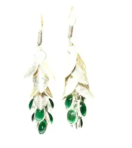 Jamnasha Exports Silver Drop Earrings - Nature Inspired Unique Jewelry, Elegant Cascading Silver Leaves Design, Lightweight & Comfortable, Ideal for All-Day Wear & Formal Events (Dark Green)