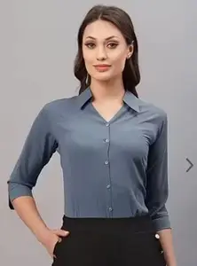 Women Formal Cotton Blend Poplin Shirt | Slim Fit Solid Plain 3/4 Sleeve