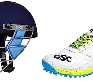 DSC Jaffa 22 Cricket Shoes for Men and Boys UK-8 White/Lime-Yellow & DSC 1500213 Guard Cricket Helmet Medium (Navy)