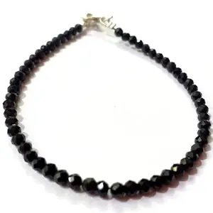RRJEWELZ Black Tourmaline Bracelet for Men & Women – 3-3.5mm Round Faceted Black Beads – 7 inch with Silver Plated Clasp – Healing, Fashion, Gift, Spiritual, Yoga|LCBR_RR_01330