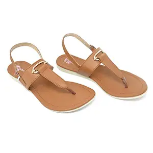 Padvesh Women?s Girls Fashion Synthetic Comfortable Party & Casual Ankle-Strap Open Toe Flats Slipper(Tan, 5)