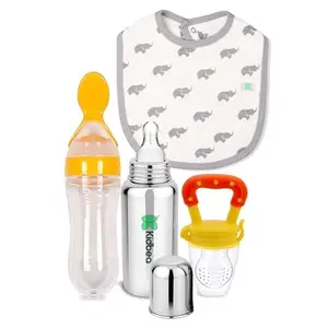 Kidbea Stainless Steel Infant Baby Feeding Bottle, Elephant Printed Bibs, Yellow Silicone Food and Fruit Feeder BPA Free Combo of 4