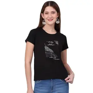 Cantabil Regular Fit Printed Round Neck Half Sleeve Casual T-Shirt for Women | Half Sleeves Round Neck T-Shirts for Women | Women Round Neck Printed T-Shirt (LTSH00062_Black_M)