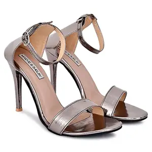 MAEVE & SHELBY Women & Girls Stylish Pencil Heel Sandal Casual Comfortable Fashion High Heels Sandals (SATIN METAL, numeric_7)