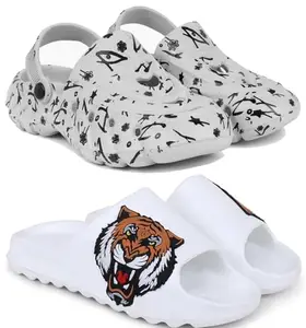 Pampy Angel Combo Pack of 2 Slipper/Flip Flops/Slides/Clogs/Sandals with Adjustable Back Strap for Men,(Cl-N11-Grey,Y-To-Sher-White),10 (UK/India)