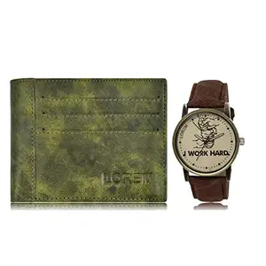 LOREM Combo of Brown Wrist Watch & Green Color Artificial Leather Wallet (Fz-Wl17-Lr29)