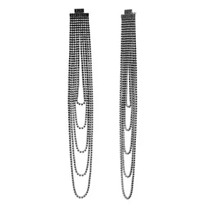 VOYLLA Timeless Sparkle Crystal Rain Multi-Layer Black Rhinestone Earrings|Fringes Earrings For Women|Long Dangler Earrings For Women|Gift For Women|American Diamond|Party|Cocktail|Western