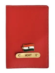 CUSTOMISE STUDIO Custom Studio Personalised Leather Passport Cover | Travel Wallet with Nameplate and Airplane Charm | Bifold Design with Card Slots| Luxury Gift for Men and Women (Red)