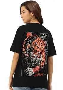 LEOTUDE Half Sleeve Cottonblend Printed Womens Oversized T-Shirts (TD-GRL_FS49_BLK_Tiger_P_Black1_2XL)