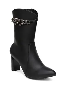 SHERRIF Women's Black Color Block Heels Boots