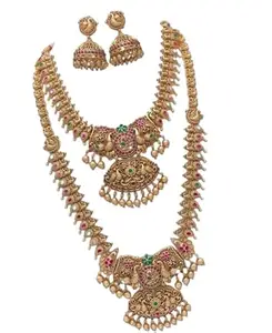 Temple South Indian Long Haram Combo Necklace With Earring Jewellery Set For Women