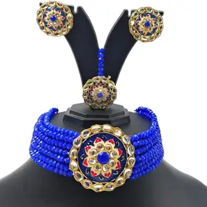 Women's Necklace, Earring & Maang Tikka Set (NS401 Blue)